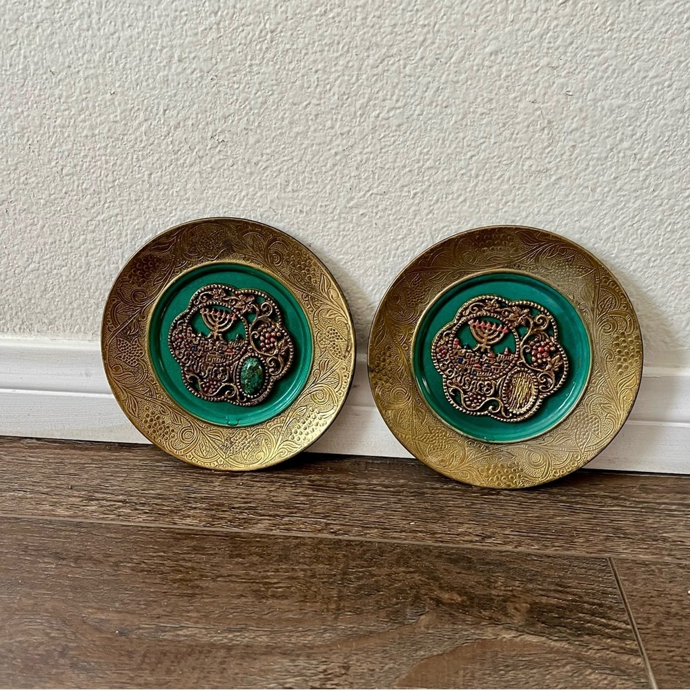 Vintage Israel Brass green enameled decorative plates diameter 6 inches